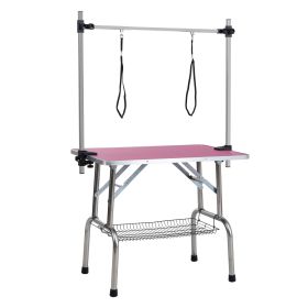 36" Folding Dog Pet Grooming Table Stainless Steel Frame Rubber Mat on Board with Adjustable Arm and Clamps pet dog Cat Grooming Table (PINK COLO